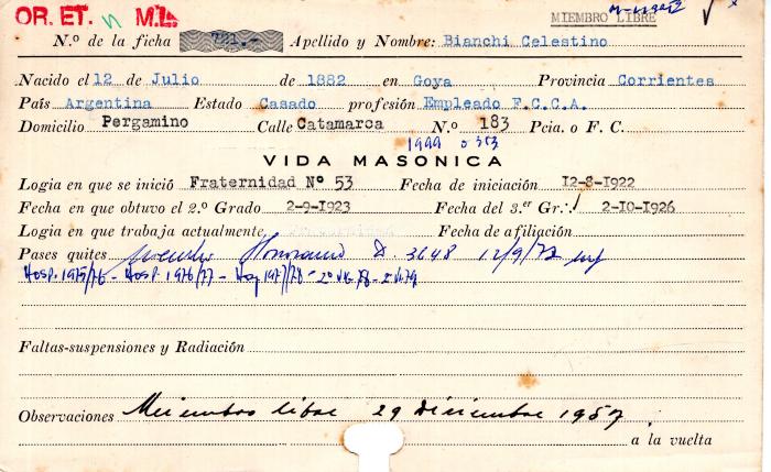 Ficha de miembro de Celestino Bianchi.