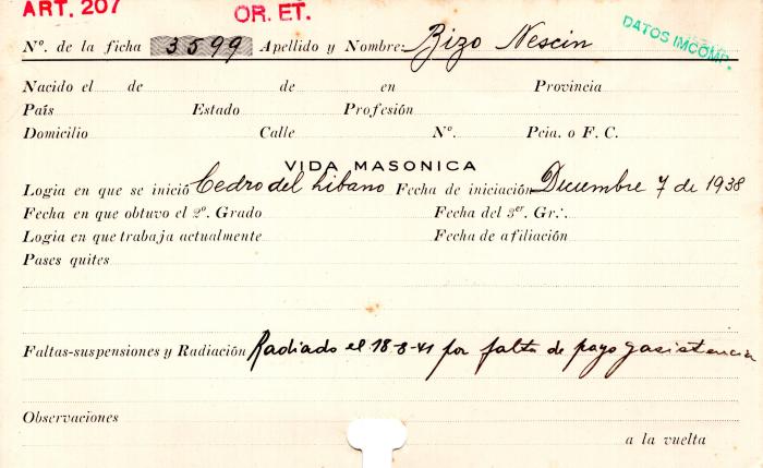 Ficha de miembro de Nescin Bizo.