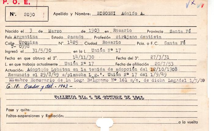Ficha de miembro de Adolfo A. Bisogni.