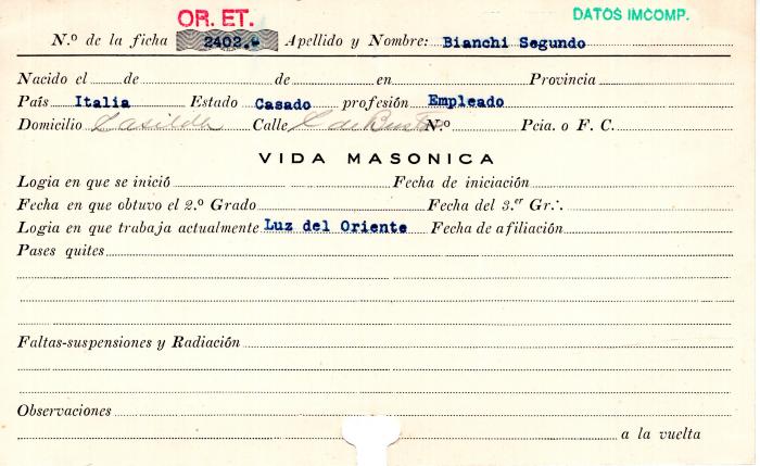 Ficha de miembro de Segundo Bianchi.