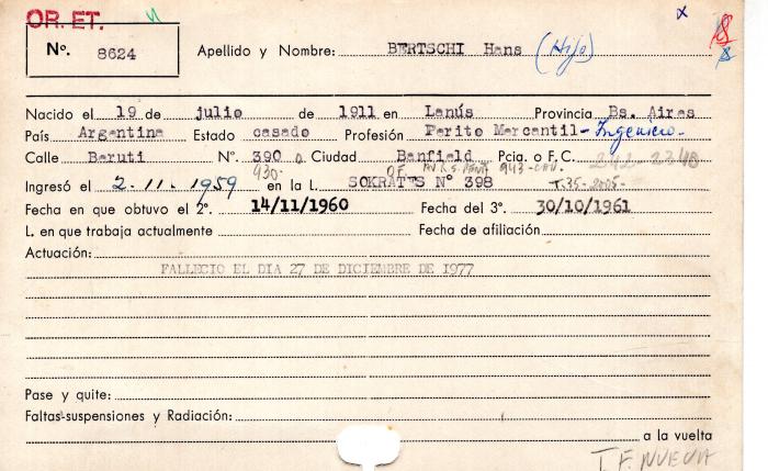 Ficha de miembro de Hans Bertschi (hijo).