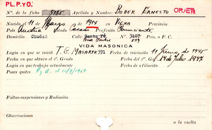Ficha de miembro de Ernesto Bobek.