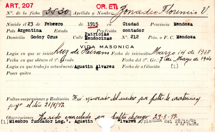 Ficha de miembro de Florencio V. Bonadeo.