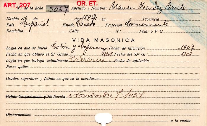 Ficha de miembro de Benito Blanco Mendez.