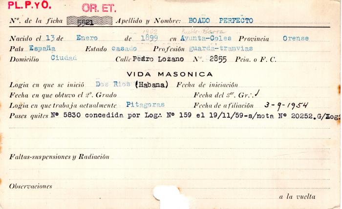 Ficha de miembro de Perfecto Boado.