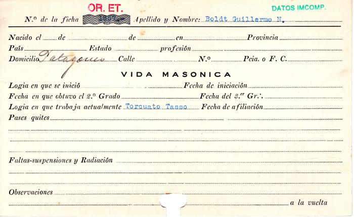 Ficha de miembro de Guillermo N. Boldt.