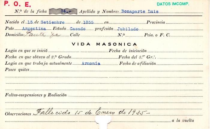 Ficha de miembro de Luis Bonaparte.
