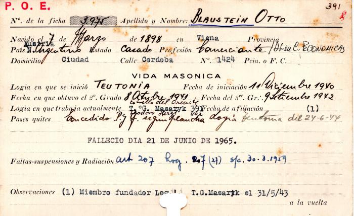 Ficha de miembro de Otto Blaustein.