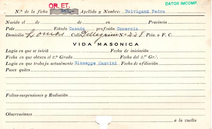 Ficha de miembro de Pedro Boivigand.