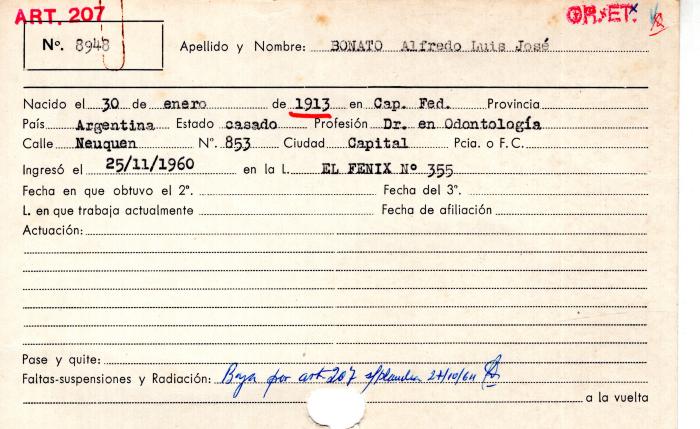 Ficha de miembro de Alfredo Luis José Bonato.