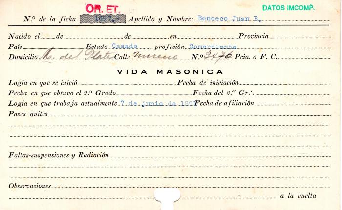 Ficha de miembro de Juan B. Bonceco.