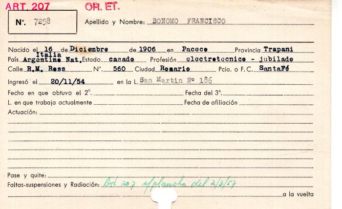 Ficha de miembro de Francisco Bonomo.