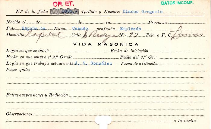 Ficha de miembro de Gregorio Blanco.