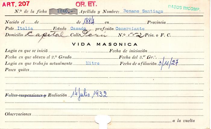 Ficha de miembro de Santiago Bonano.
