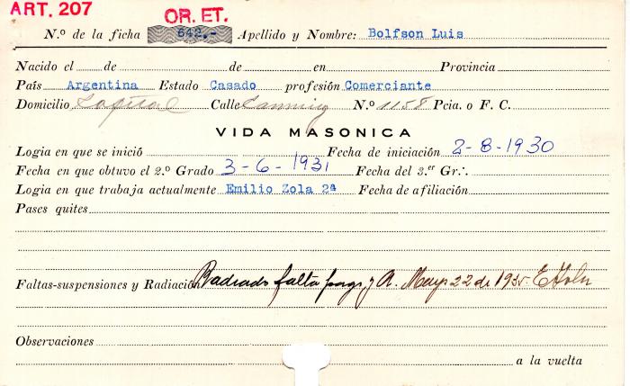 Ficha de miembro de Luis Bolfson.