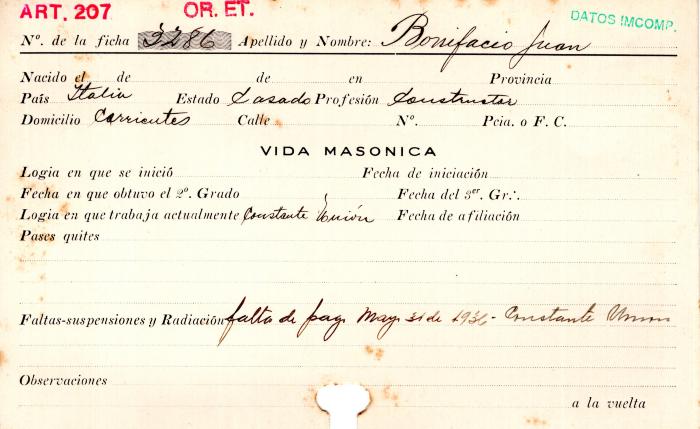 Ficha de miembro de Juan Bonifacio.