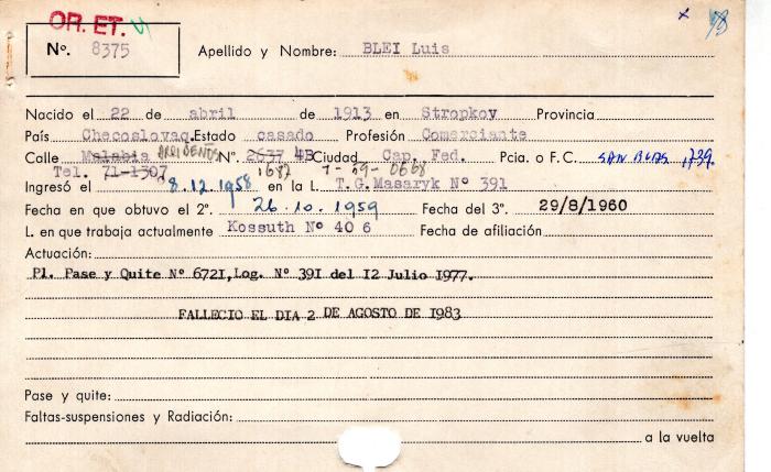 Ficha de miembro de Luis Blei.