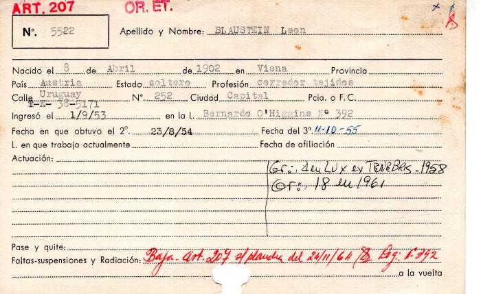 Ficha de miembro de León Blaustein.