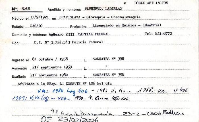 Ficha de miembro de Ladislao Blumgrud.