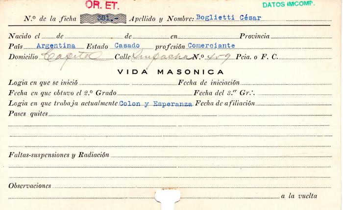 Ficha de miembro de César Boglietti.