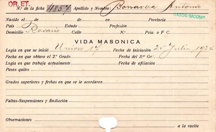 Ficha de miembro de Antonio Bonavera.
