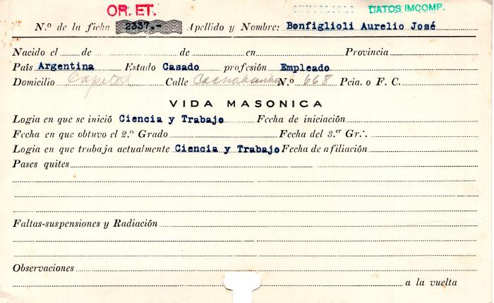 Ficha de miembro de Aurelio José Bonfiglioli.