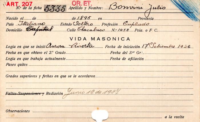 Ficha de miembro de Julio Bonvini.