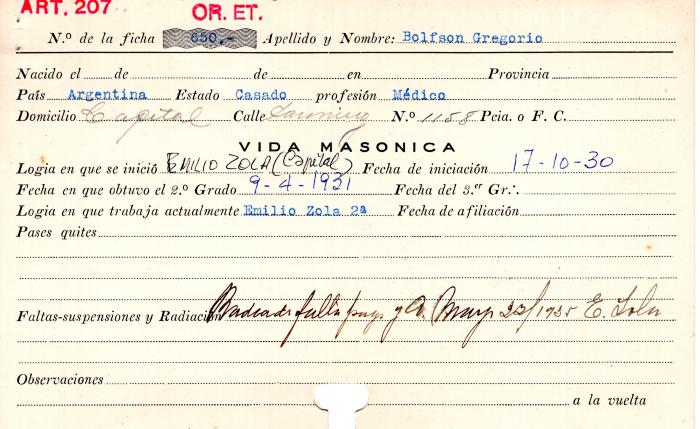 Ficha de miembro de Gregorio Bolfson.