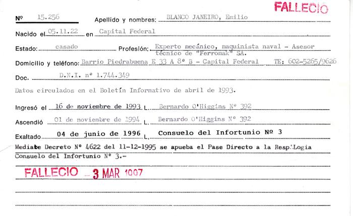 Ficha de miembro de Emilio Blanco Janeiro.