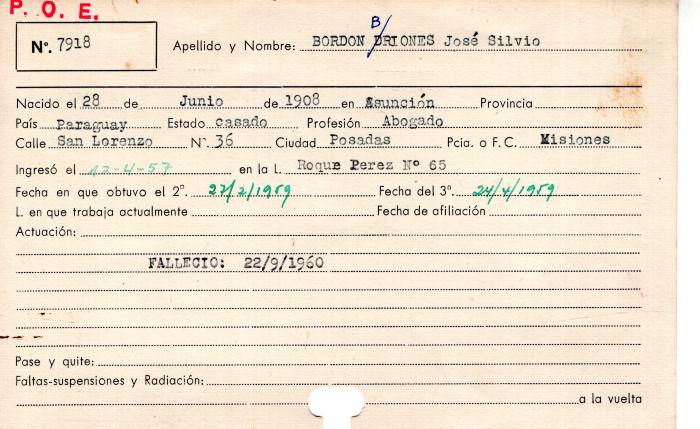 Ficha de miembro de José Silvio Bordon Briones.