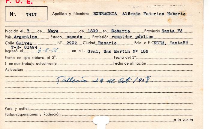 Ficha de miembro de Alfredo Federico Heberto Borrachia.