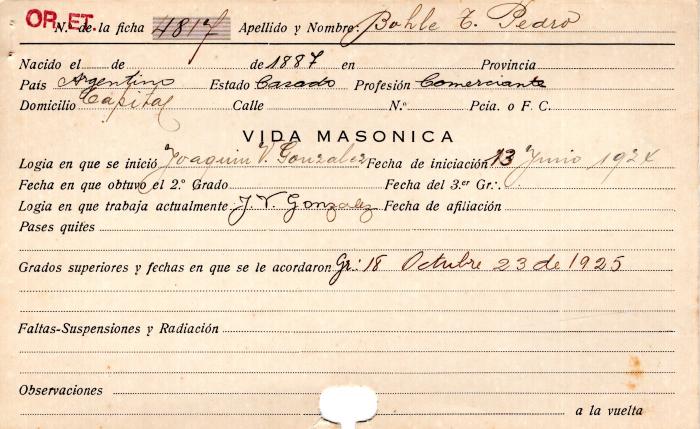 Ficha de miembro de Pedro T. Bohle.