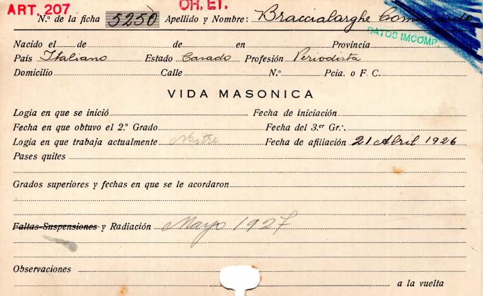 Ficha de miembro de Comunardo Braccialarghe.