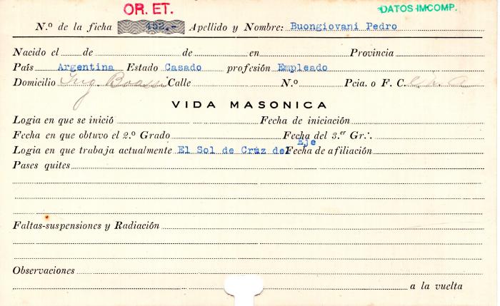 Ficha de miembro de Pedro Buongiovani.