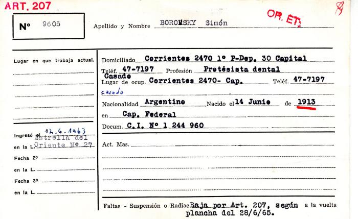 Ficha de miembro de Simón Borovsky.