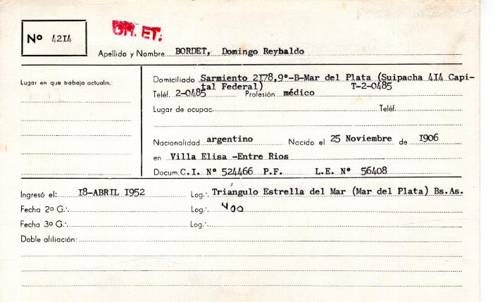 Ficha de miembro de Domingo Reynaldo Bordet.