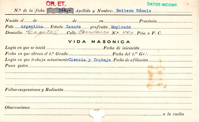 Ficha de miembro de Rómulo Bottero.