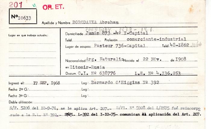 Ficha de miembro de Abraham Borodavka.
