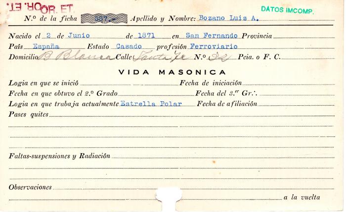 Ficha de miembro de Luis A. Bozano.