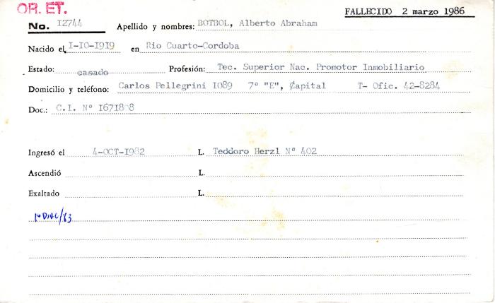 Ficha de miembro de Alberto Abraham Botbol.