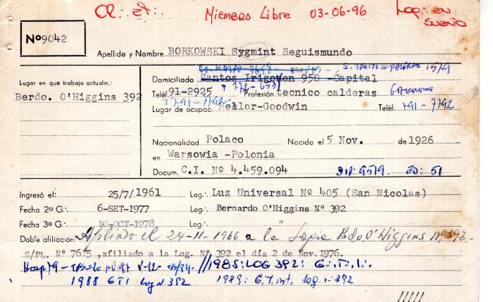 Ficha de miembro de Sygmint Seguismundo Borkowski.