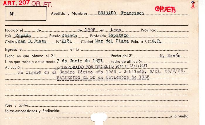 Ficha de miembro de Francisco Bragado.