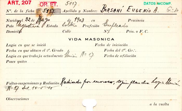 Ficha de miembro de Eugenio A. Borsani.
