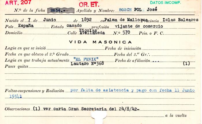 Ficha de miembro de José Bosch Pol.