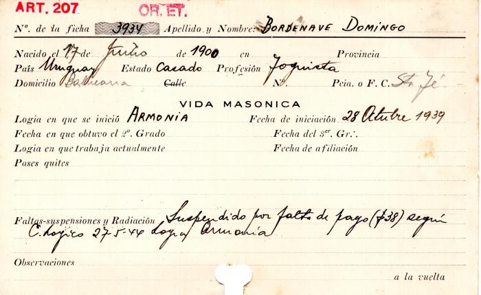 Ficha de miembro de Domingo Bordenave.