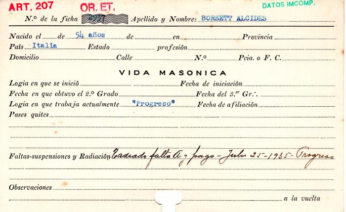 Ficha de miembro de Alcides Borsett.