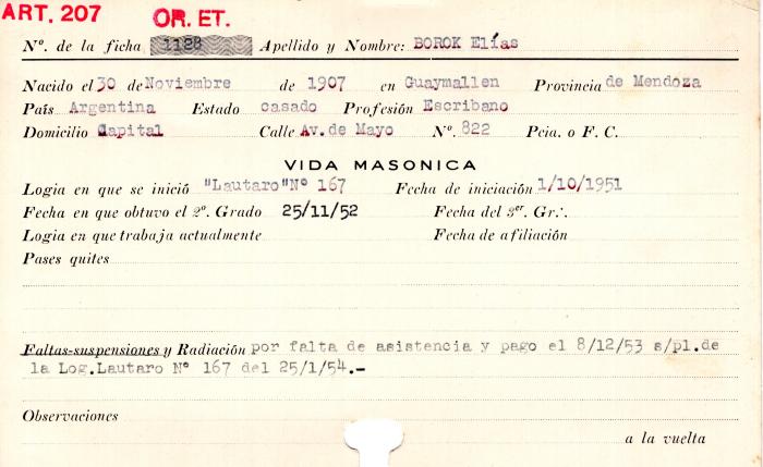 Ficha de miembro de Elías Borok.