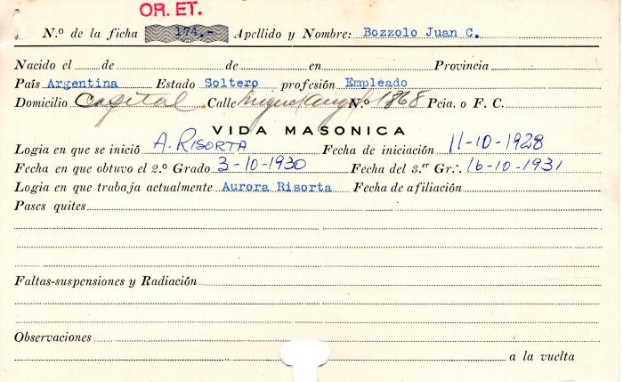 Ficha de miembro de Juan C. Bozzolo.