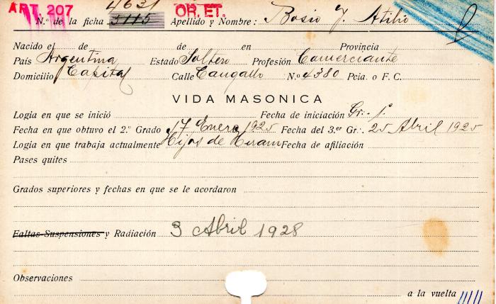 Ficha de miembro de J. Atilio Bosio.