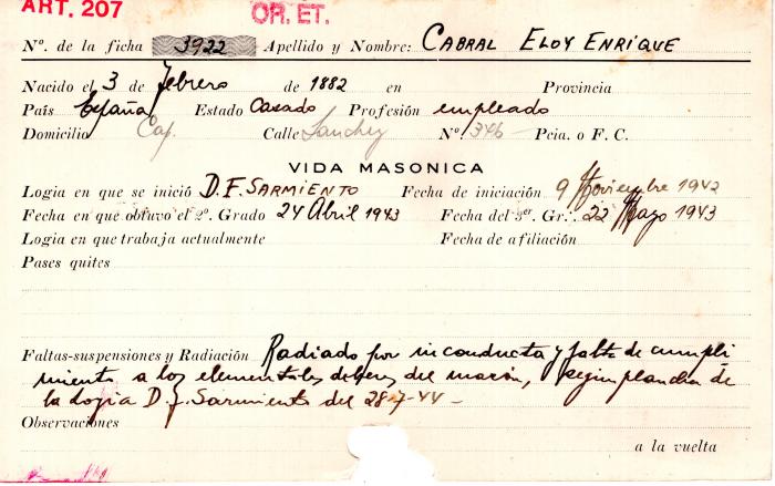 Ficha de miembro de Eloy Enrique Cabral.